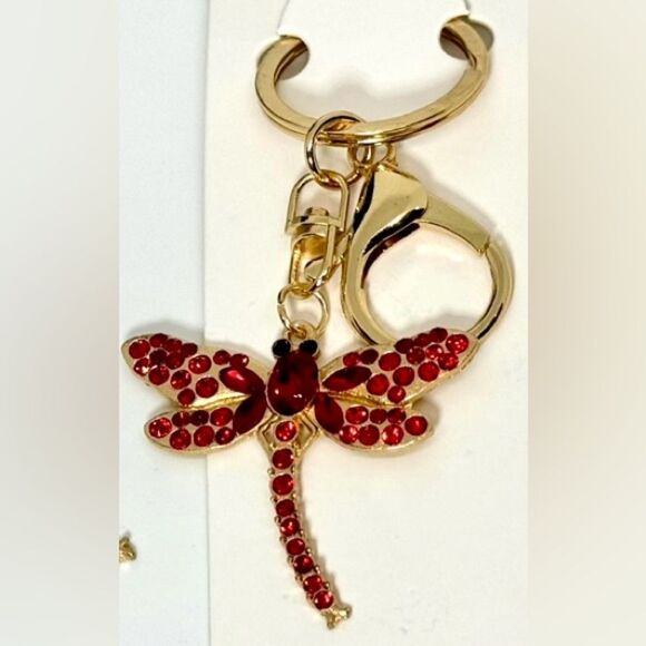 BAG CHARM Red Crystal Dragonfly Keychain Charm -  Gold Accent - Picture 1 of 4